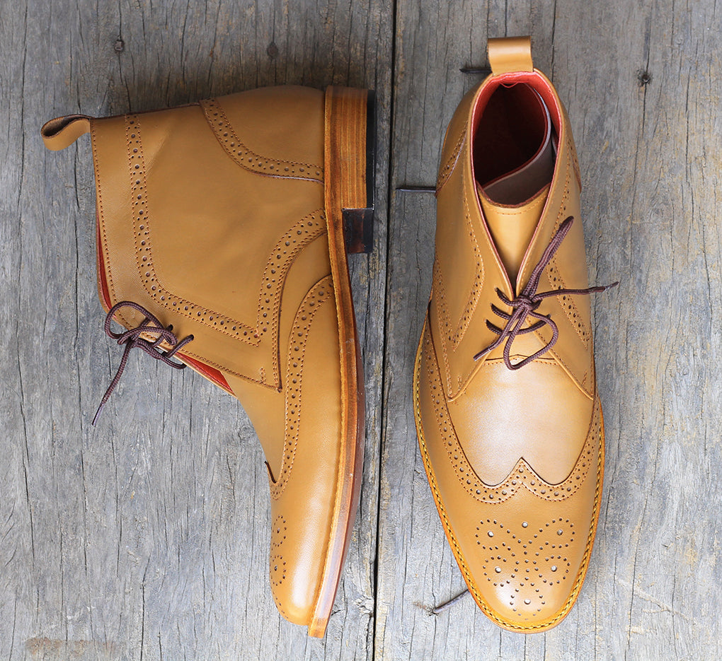 Handmade Men’s Tan Color Leather Ankle High Wingtip Brogue Boots, Men Designers Boots