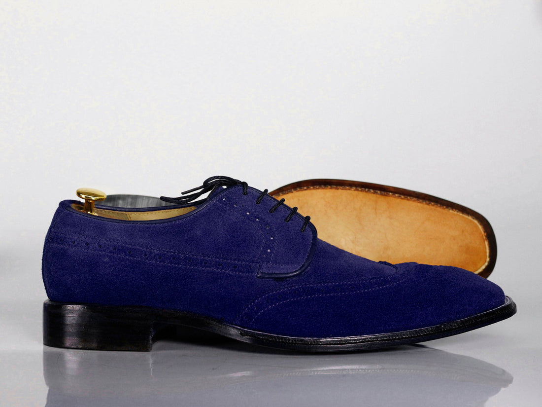 New Men's Handmade Blue Wing Tip Lace Up Shoes, Men Suede Designer Shoes