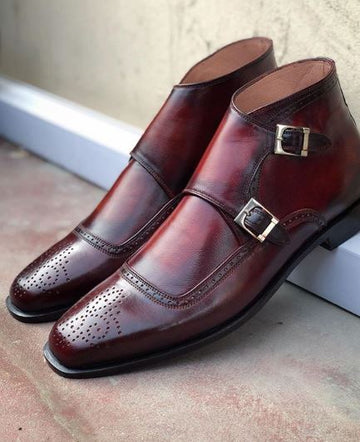 Stylish New Handmade Men's Burgundy Brogue Toe Leather Boots, Men Double Monk Strap Boots