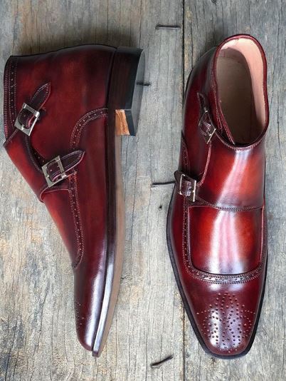 Stylish New Handmade Men's Burgundy Brogue Toe Leather Boots, Men Double Monk Strap Boots