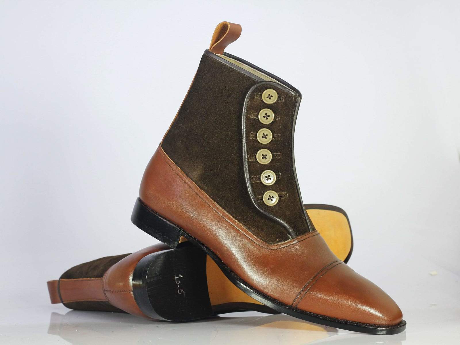 Men’s Handmade Brown Color Cap Toe Ankle High Designer Boots, Men Leather Suede Button Style Boots