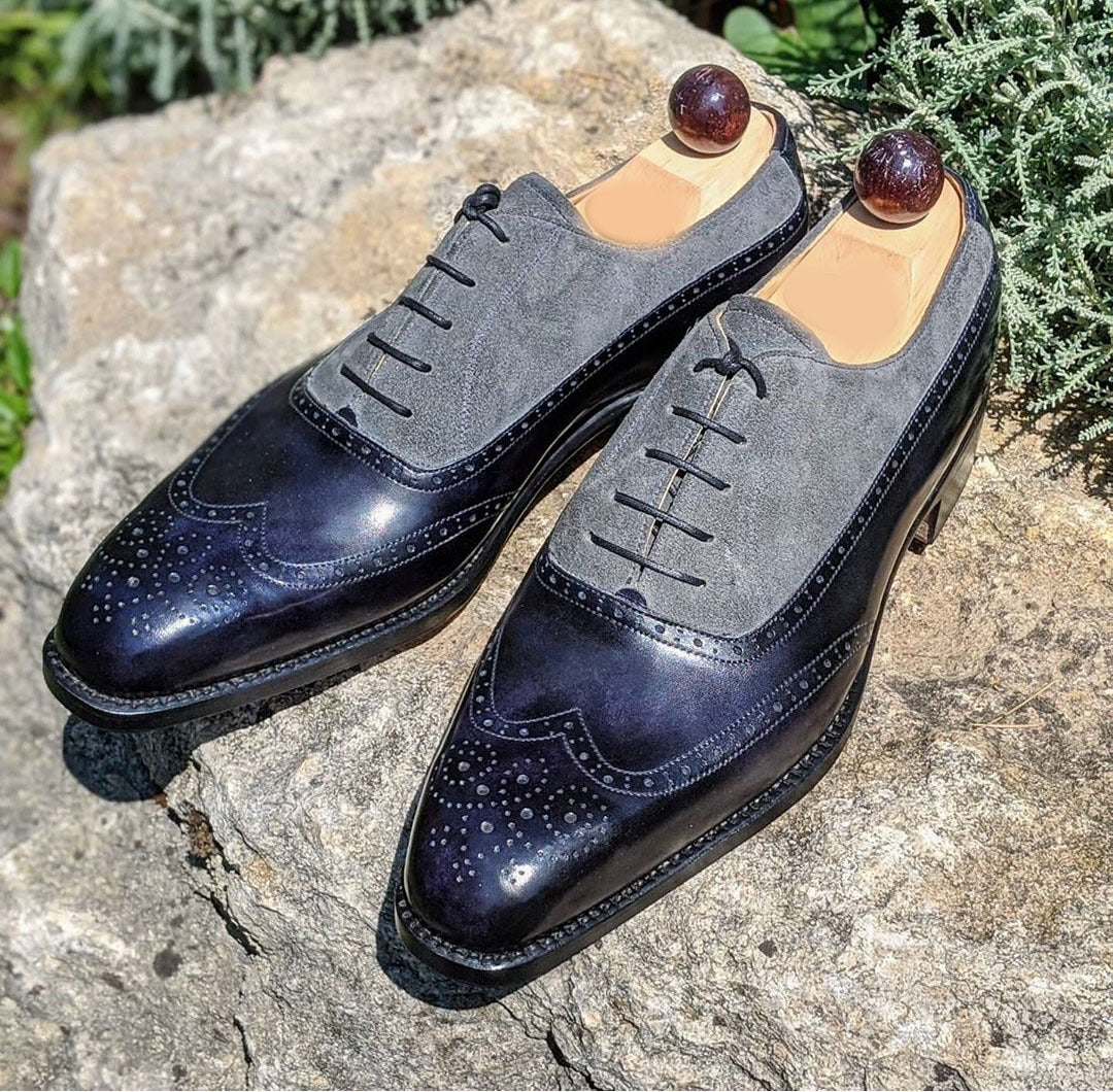 New Stylish Men's Handmade Black Gray Wing Tip Brogue Leather Suede Shoes, Men Designer Shoes