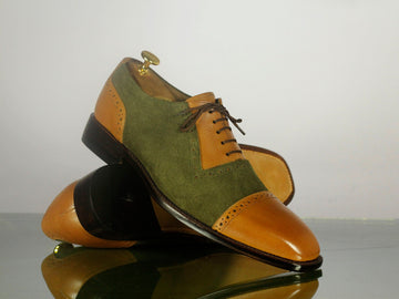 New Handmade Men's Tan Green Cap Toe Leather Suede Dress Shoes, Men Designer Lace Up Shoes