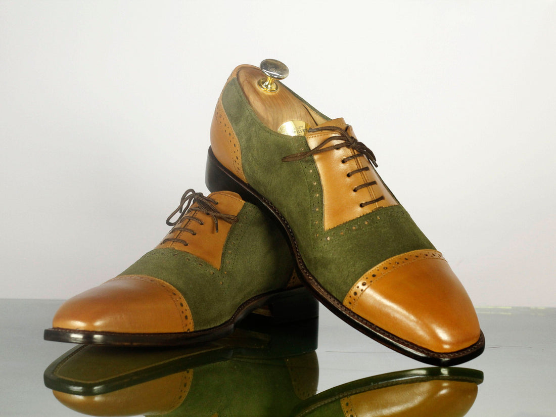 New Handmade Men's Tan Green Cap Toe Leather Suede Dress Shoes, Men Designer Lace Up Shoes