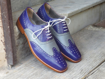 Stylish New Handmade Men's Blue Gray Wing Tip Brogue Leather Lace Up Shoes, Men Designer Dress Shoes