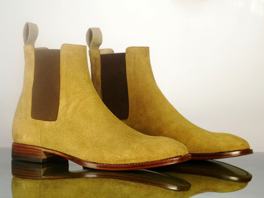 Handmade Men’s Designer Beautiful Suede Beige Color Boots, Men Chelsea Beige Boots