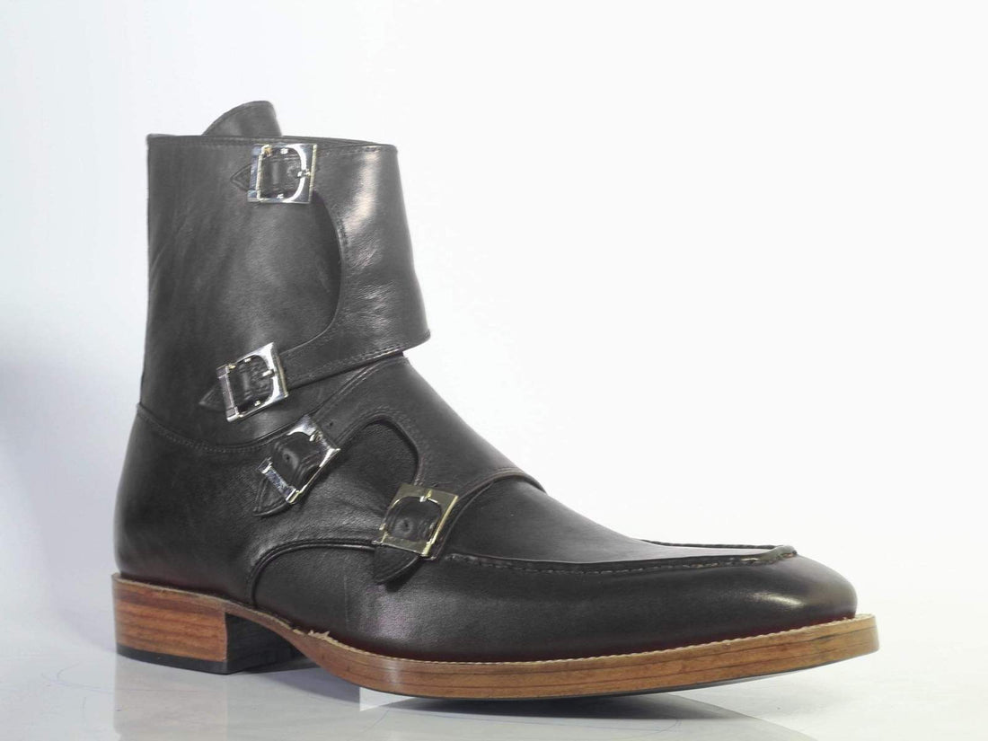 New Stylish Men's Handmade Black Leather Quad Buckle Boots, Men Ankle Boots, Men Designer Boots