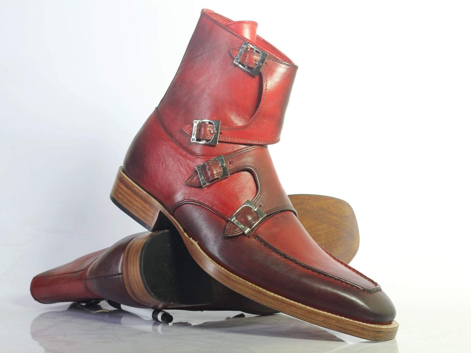 New Stylish Men's Handmade Burgundy Leather Quad Buckle Boots, Men Ankle Boots, Men Designer Boots