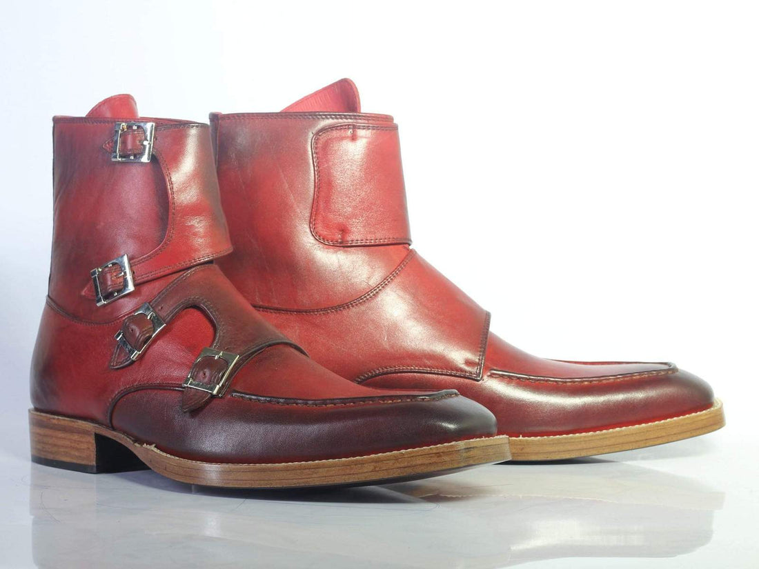 New Stylish Men's Handmade Burgundy Leather Quad Buckle Boots, Men Ankle Boots, Men Designer Boots