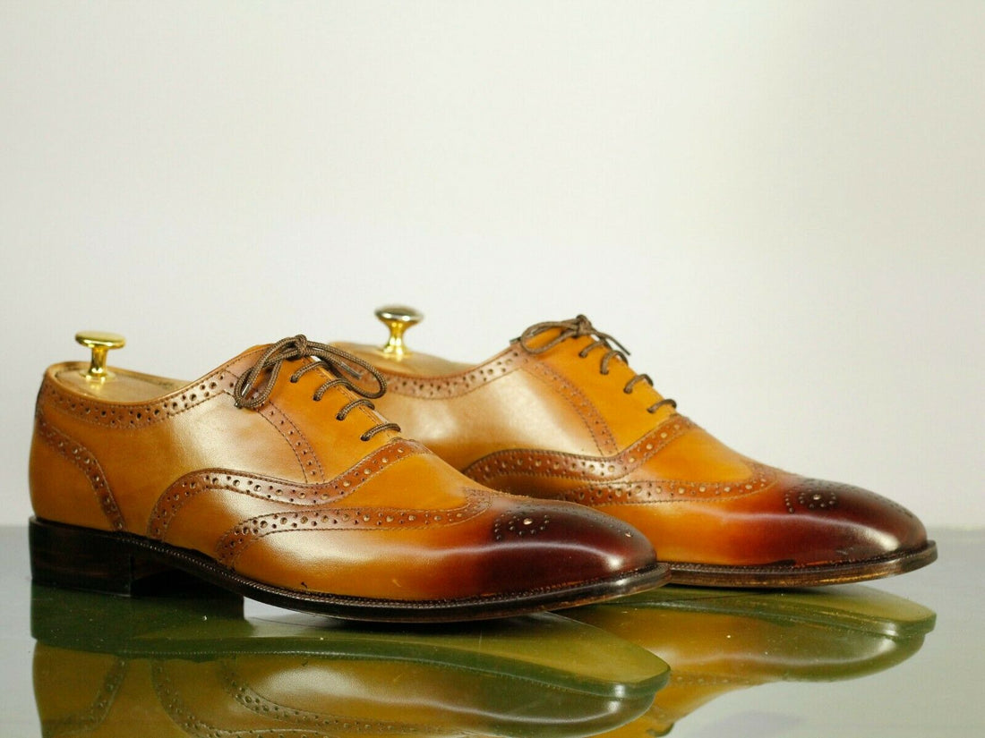 Mens Handmade Brown Tan Color Wingtip Brogue Leather Shoes, Men Leather Shoes Oxford