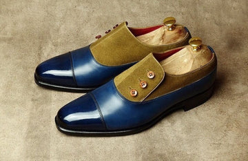 Stylish New Handmade Men's Blue Green Cap Toe Leather Suede Button Top Shoes, Men Designer Dress Shoes