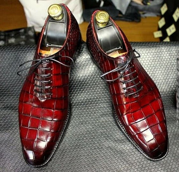 Handmade Men’s Stylish Alligator Textured Leather Derby Shoes, Men Designers Lace Up Red Color Shoes