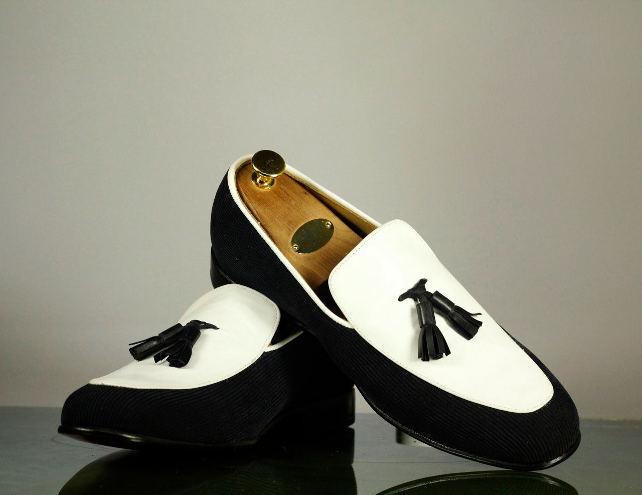 New Handmade Men's Black White Tassel Loafer Shoes, Men Leather Corduroy Designer Dress Shoes