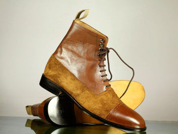 New Men's Handmade Brown Cap Toe Leather Suede Ankle Boots, Men Designer Lace Up Boots