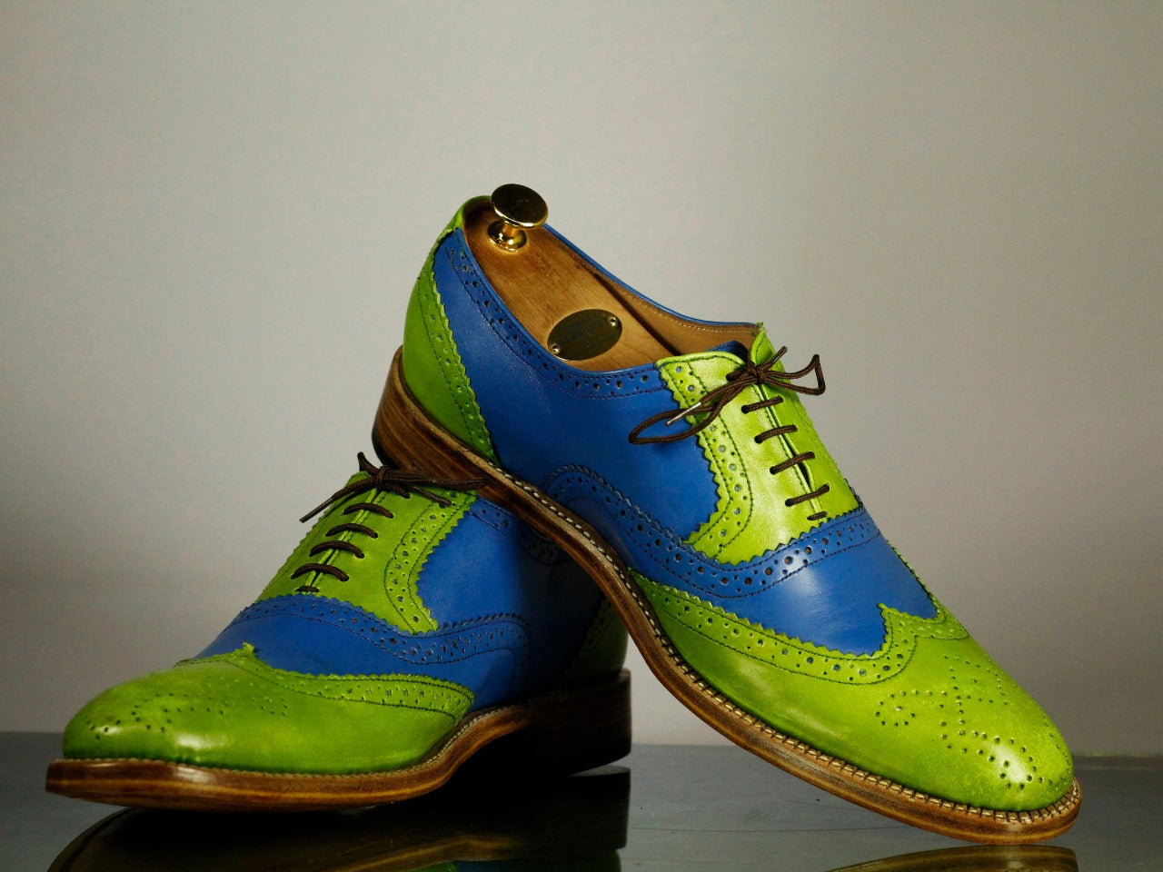 Mens Handmade Multi Color Leather Wingtip Brogue Formal Shoes, Men Green Blue Leather Shoes