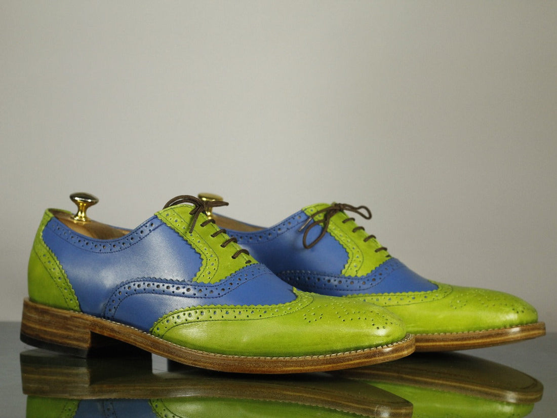 Mens Handmade Multi Color Leather Wingtip Brogue Formal Shoes, Men Green Blue Leather Shoes