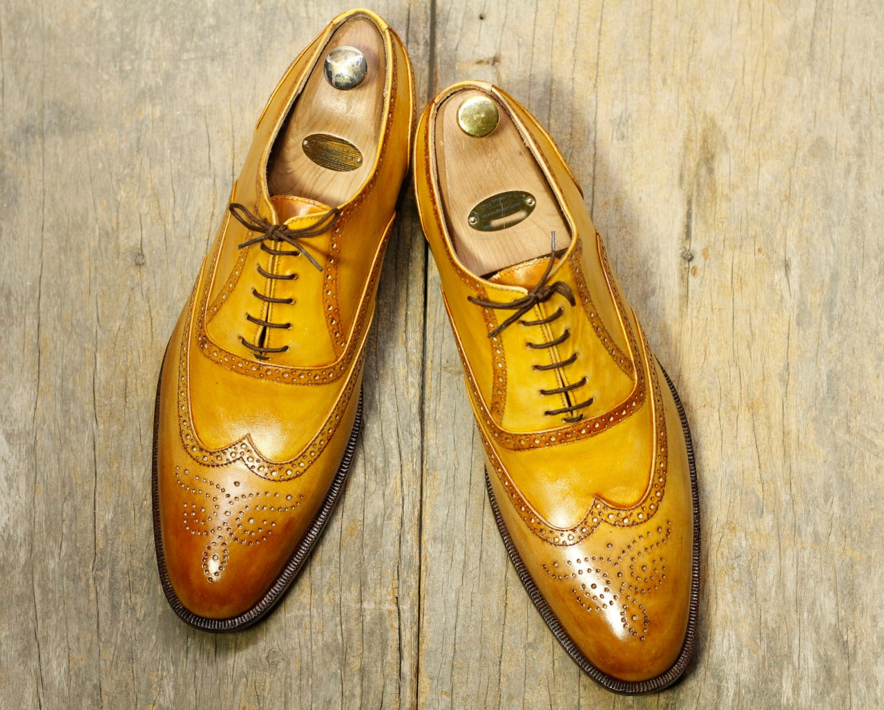 Stylish Handmade Men's Tan Wing Tip Brogue Leather Lace Up Formal Shoes, Men Designer Dress Shoes