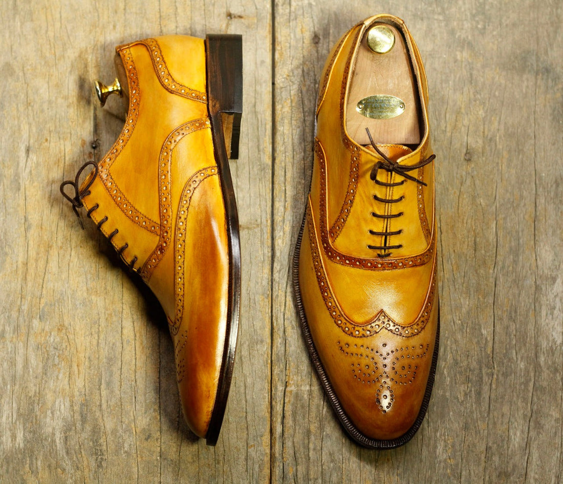 Stylish Handmade Men's Tan Wing Tip Brogue Leather Lace Up Formal Shoes, Men Designer Dress Shoes