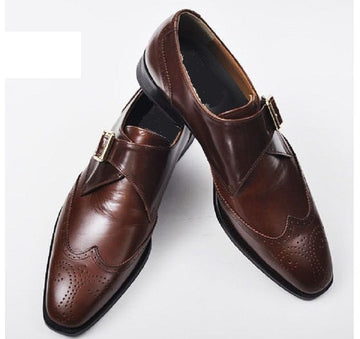 New Handmade Men's Brown Wing Tip Brogue Leather Monk Strap Shoes, Men Designer Dress Formal Shoes