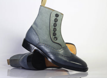 Handmade Mens Gray Color Wingtip Brogue Leather Suede Button Boots, Mens Designer Fashion Boots