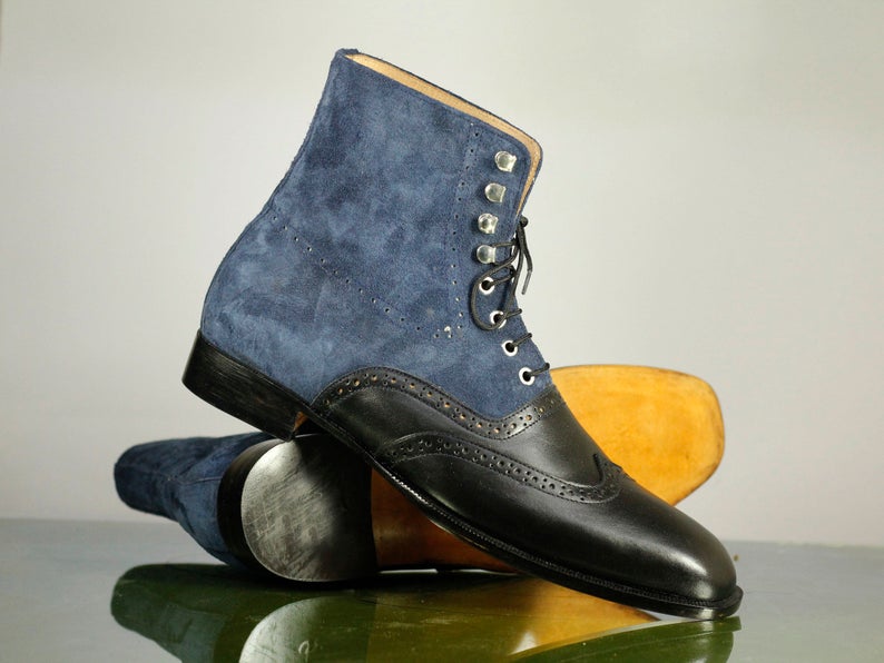 Mens Handmade Black Blue Wingtip Brogue Leather Suede Ankle High Designer Boots