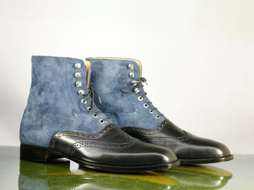 Mens Handmade Black Blue Wingtip Brogue Leather Suede Ankle High Designer Boots