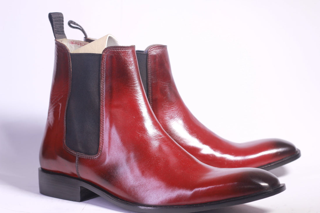 Mens Handmade Stylish Burgundy Color Leather Chelsea Boots, Men Ankle High Boots