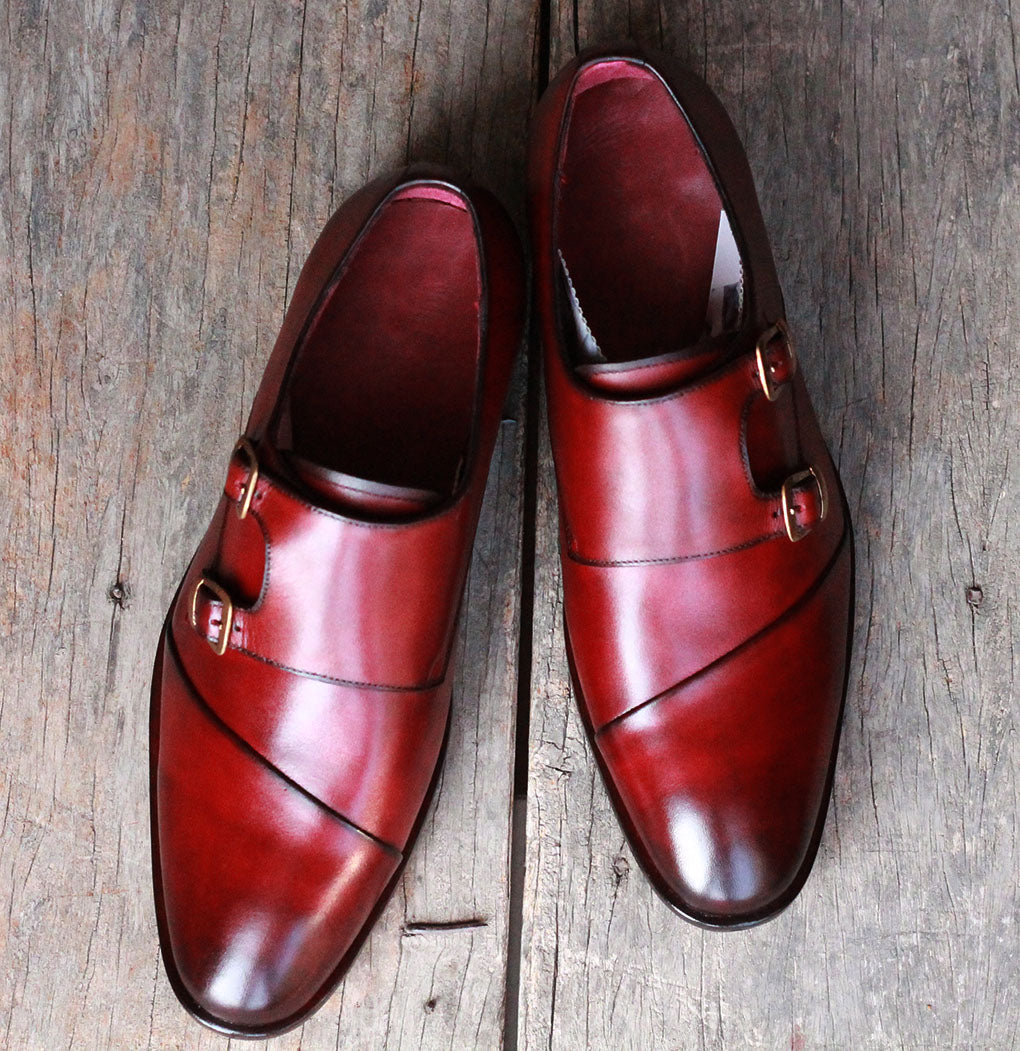 New Handmade Men's Burgundy Wing Tip Leather Double Monk Strap Shoes, Men Designer Dress Formal Shoes