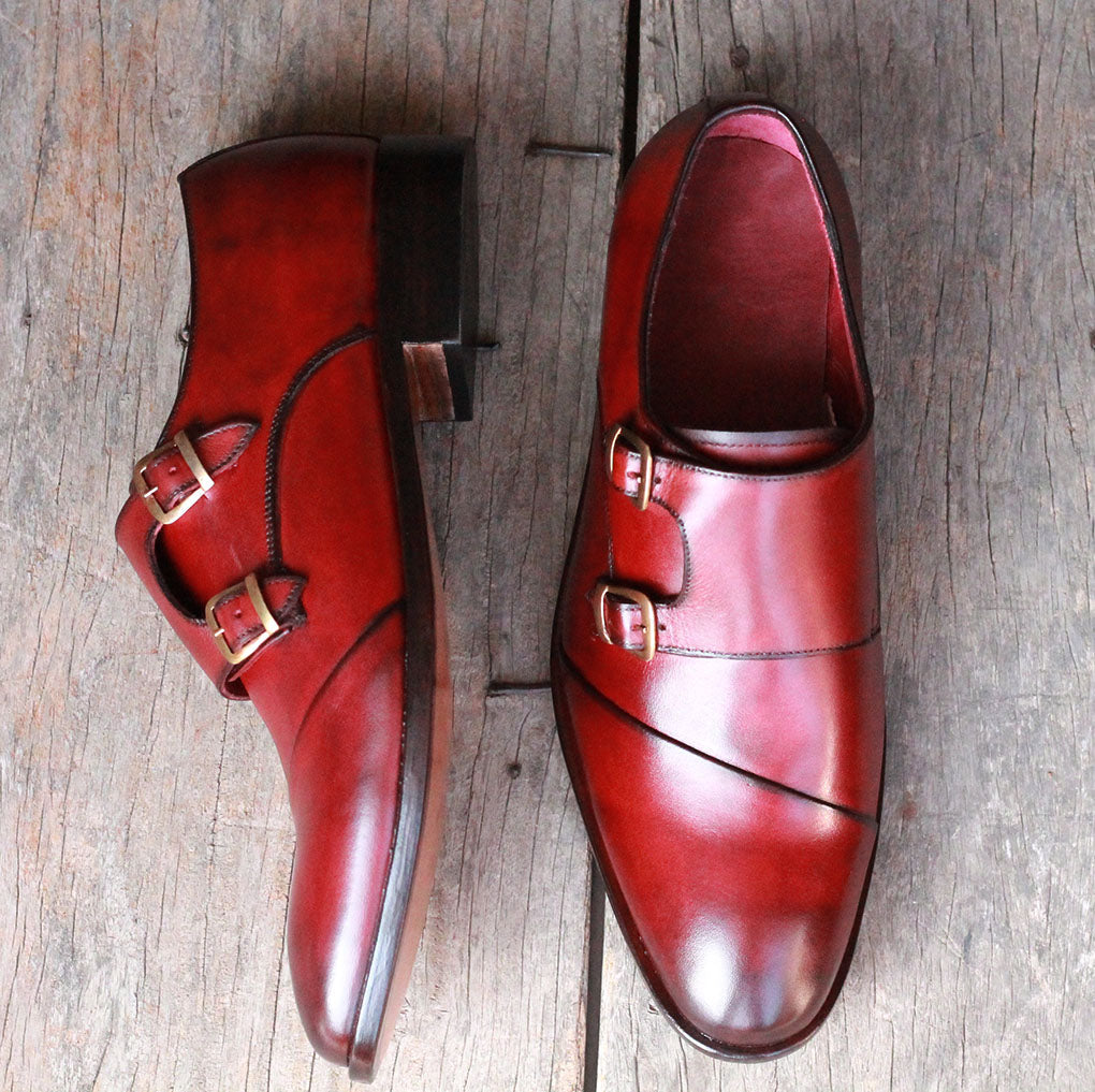 New Handmade Men's Burgundy Wing Tip Leather Double Monk Strap Shoes, Men Designer Dress Formal Shoes