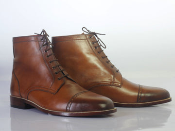 Handmade Men’s Brown Cap Toe Brown Color Leather Boots, Men Ankle High Lace Up Boots