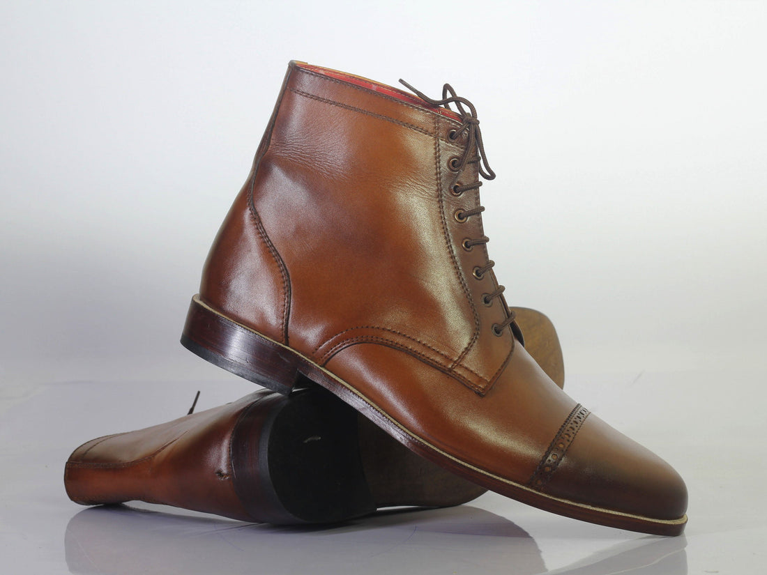 Handmade Men’s Brown Cap Toe Brown Color Leather Boots, Men Ankle High Lace Up Boots