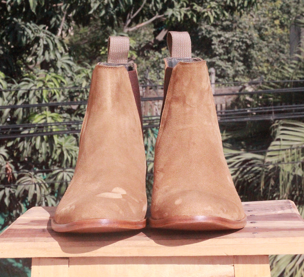 Mens Suede Chelsea Handmade Designer Boots, Mens Beige Fancy Ankle High Boots