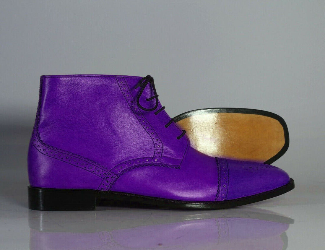 Handmade Mens Purple Leather Cap Toe Chukka Boots, Men Designer Leather Boots