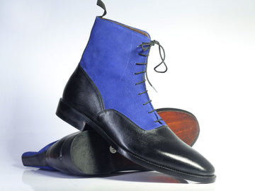 Mens Handmade Black Blue Leather Suede Ankle High Boots, Men Boots