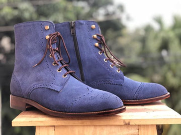 New Men's Handmade Blue Wing Tip Brogue Suede Lace Up &amp; Side Zipper Boots, Men Ankle Boots, Men Designer Boots