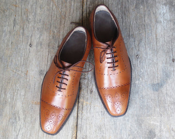 New Handmade Men's Tan Cap Toe Brogue Leather Lace Up Shoes, Men Designer Dress Formal Shoes