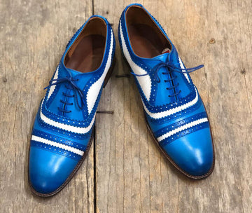 New Handmade Men's White Blue Cap Toe Leather Lace Up Shoes, Men Designer Dress Formal Shoes