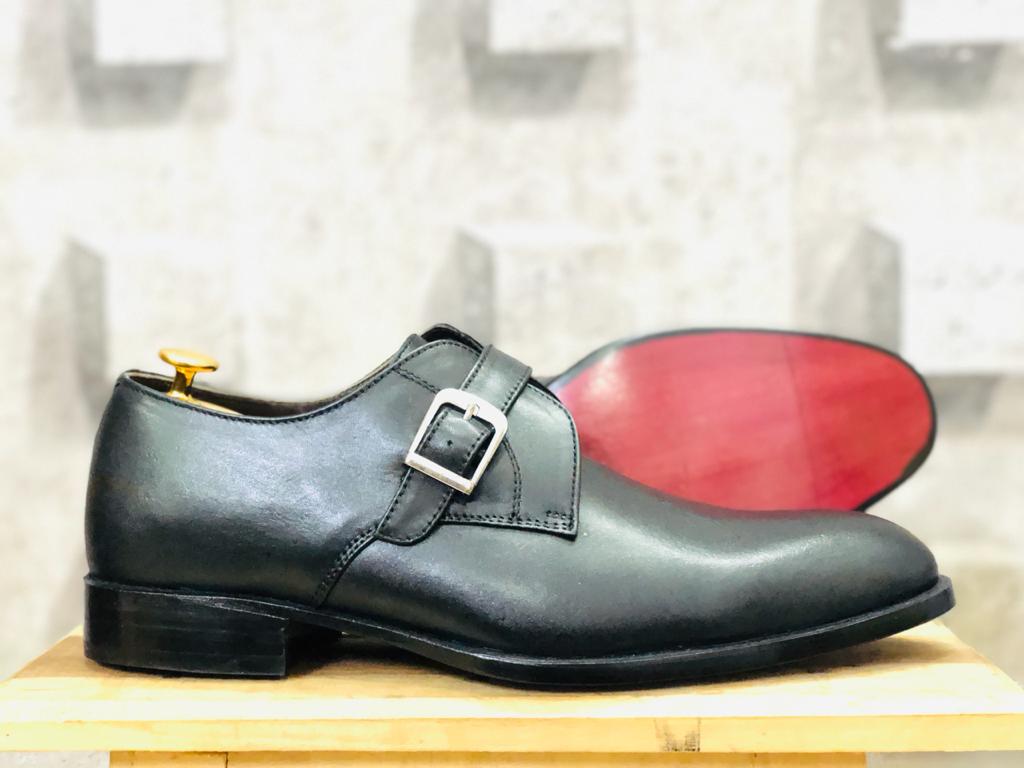 Men’s Handmade Formal Black Monk Strap Leather Shoes, Mens Shoes