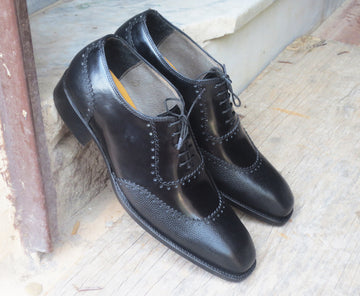 Mens Handmade Black Color Pebbled Leather Formal Designer Lace Up Shoes