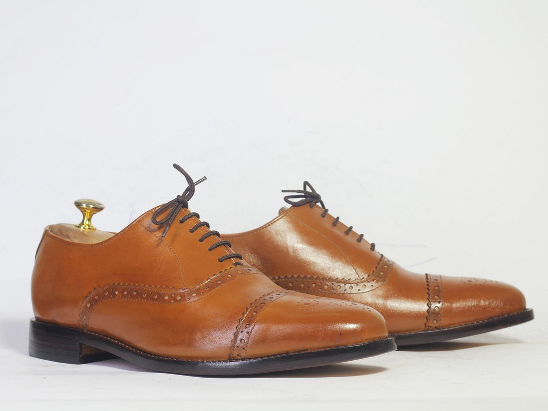 New Handmade Men's Tan Cap Toe Brogue Leather Lace Up Shoes, Men Designer Dress Formal Luxury Shoes