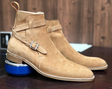 New Handmade Men's Tan Jodhpur Suede Buckle Strap Boots, Men Ankle Boots, Men Designer Boots