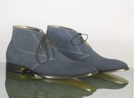 Mens Handmade Formal Blue Color Suede Chukka Boots, Men Half Ankle Designer Boots