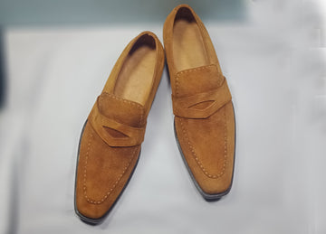 Men’s Handmade Beige Color Suede Penny Loafer Shoes, Mens Stylish Designer Casual Shoes