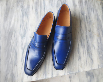 Mens Handmade Blue Color Leather Loafer Shoes, Men’s Causal Party Wear Blue Shoes&nbsp;