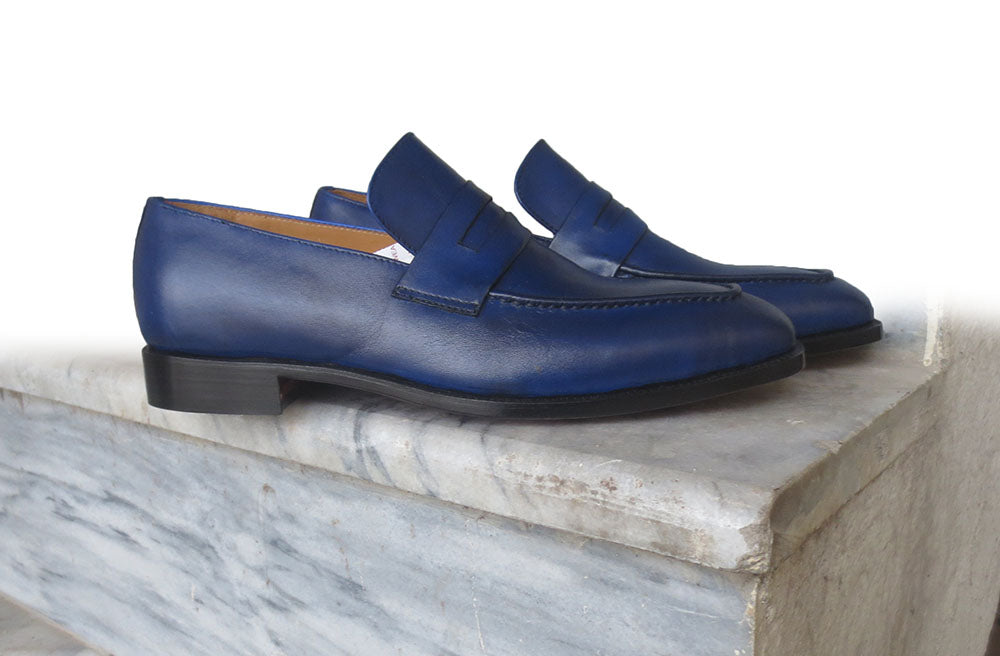 Mens Handmade Blue Color Leather Loafer Shoes, Men’s Causal Party Wear Blue Shoes&nbsp;