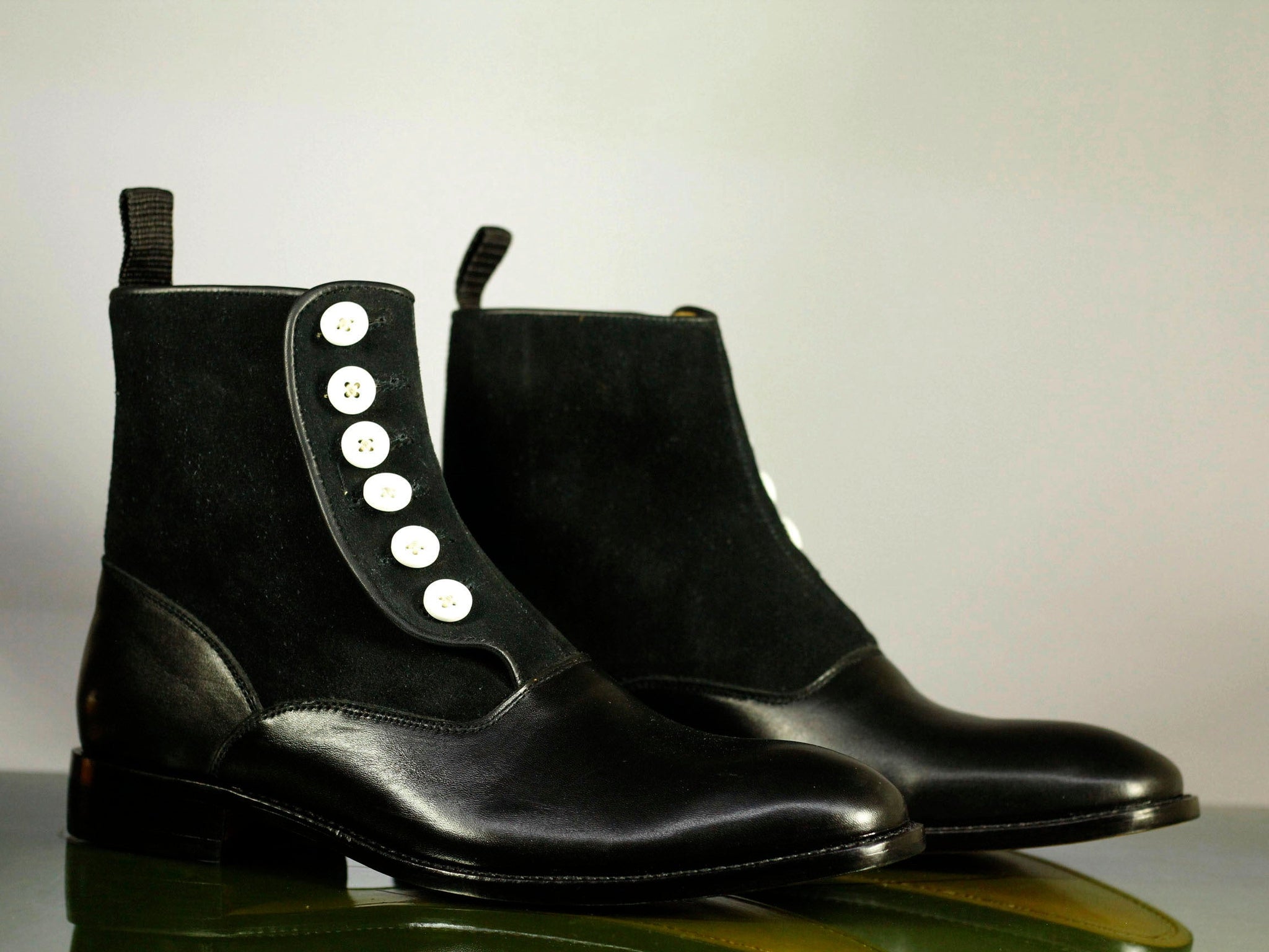 Handmade Mens Designer Black Color Leather Suede Ankle High Button Boots