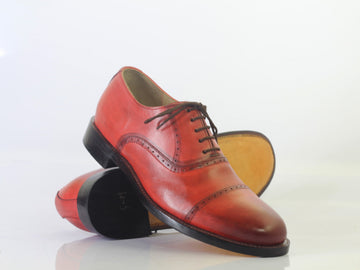 New Handmade Men's Red Cap Toe Leather Lace Up Shoes, Men Designer Dress Formal Luxury Shoes