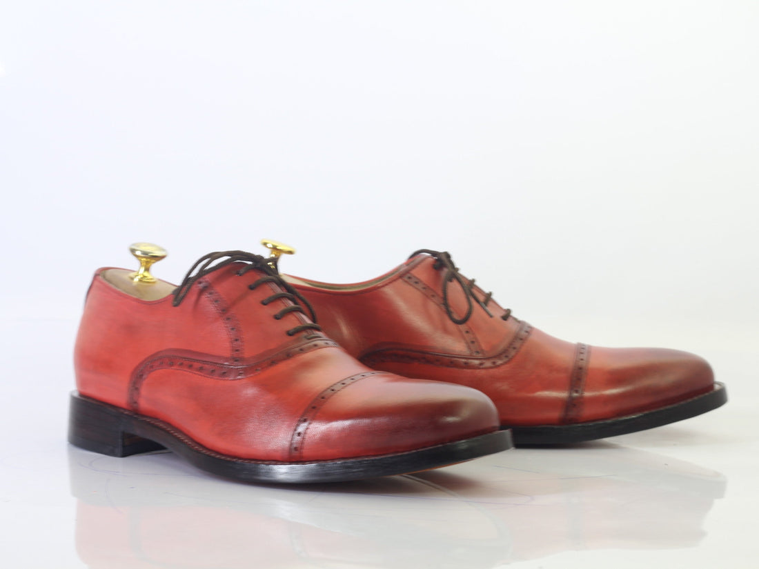 New Handmade Men's Red Cap Toe Leather Lace Up Shoes, Men Designer Dress Formal Luxury Shoes