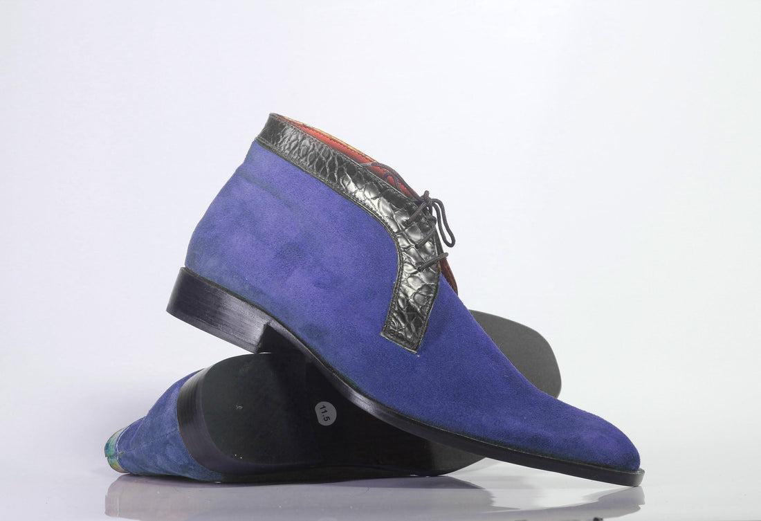 Men Beautiful Handmade Blue Black Suede Leather Chukka Boots, Men Designer Boots