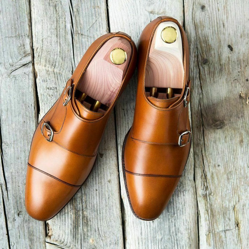 New Handmade Men's Tan Brown Leather Cap Toe Double Monk Strap Shoes, Men Designer Dress Formal Luxury Shoes